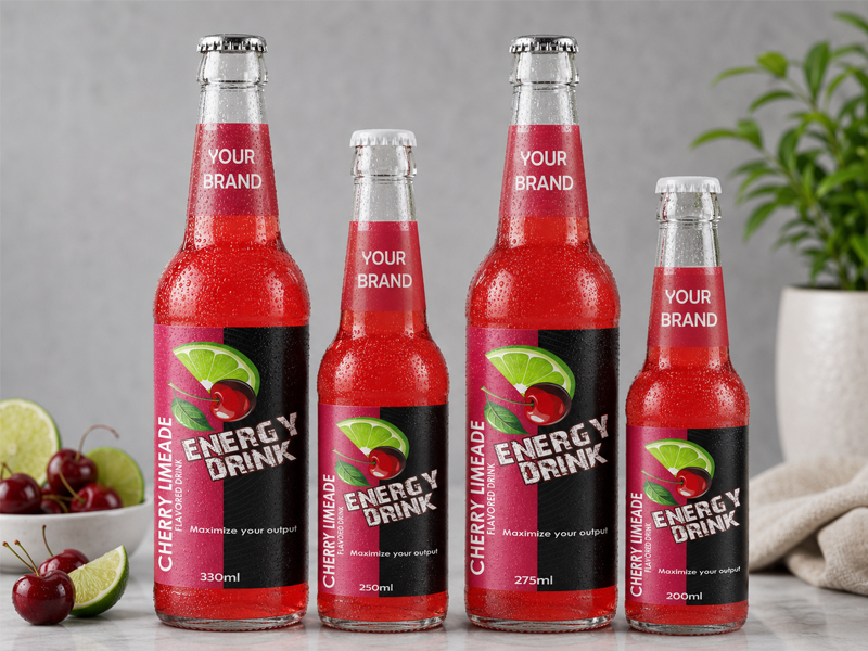 ENERGY DRINK Cherry Limeade flavored drink available in 330ml, 250ml, 275ml, and 200ml sizes. glass bottles.